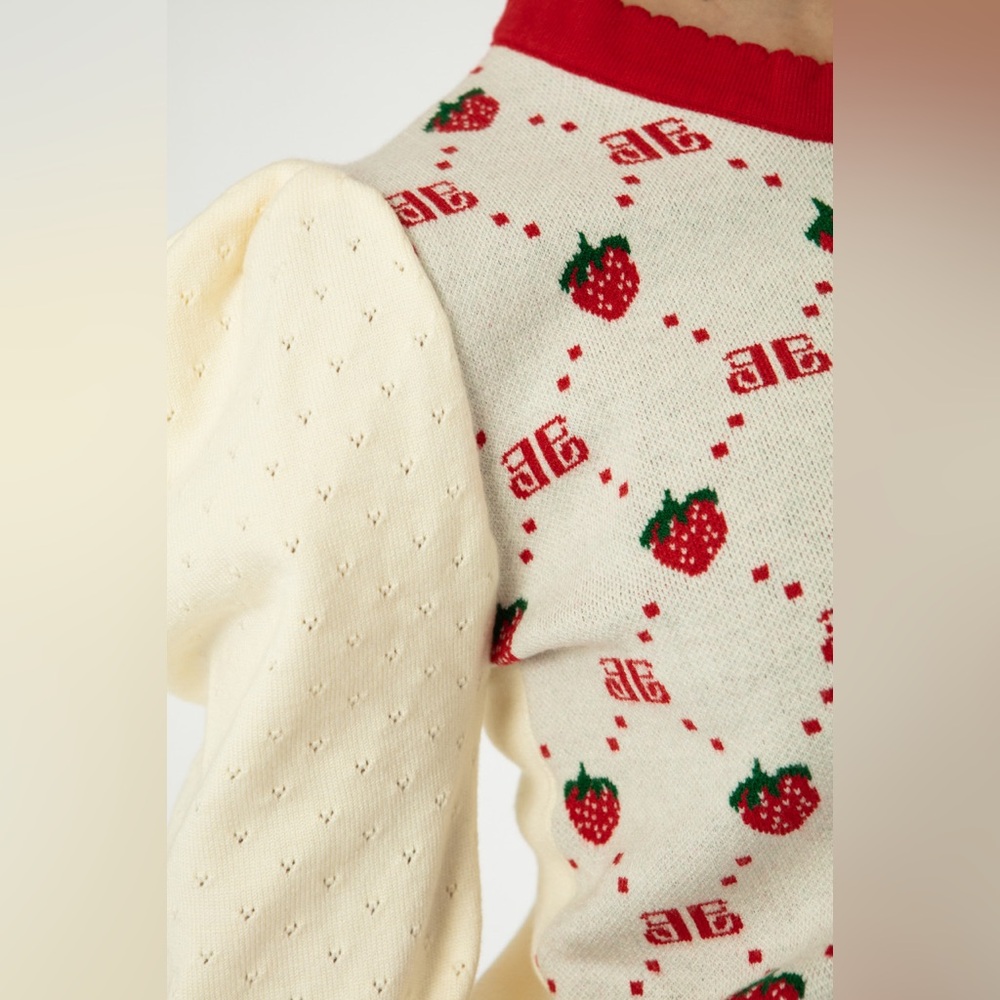 EllandEmm NWOT Strawberry Monogram Cardigan in Cream and Red, Size S/M - Picture 11 of 14